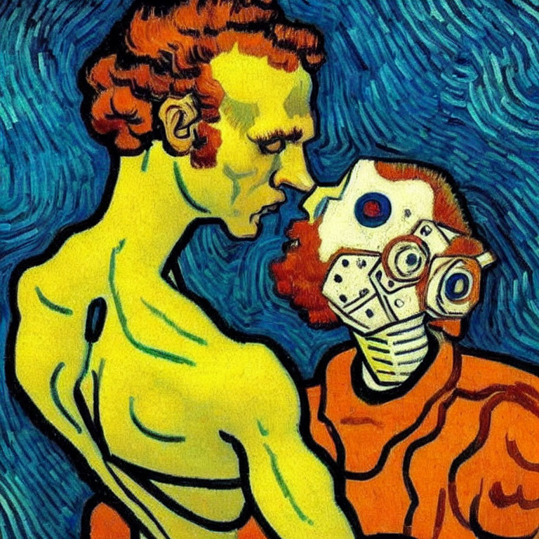 Stylized painting of person with red hair facing robot in Van Gogh style