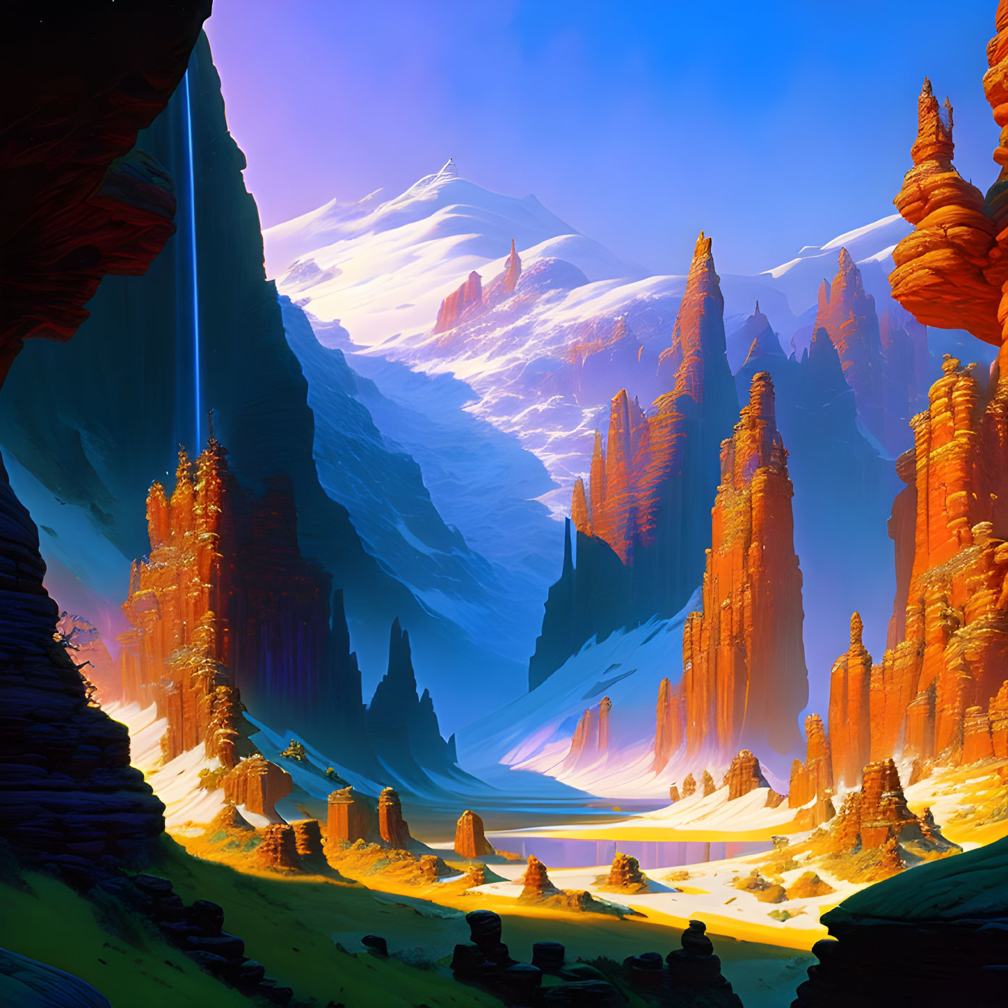 Fantastical mountain landscape with red rock formations and blue sky