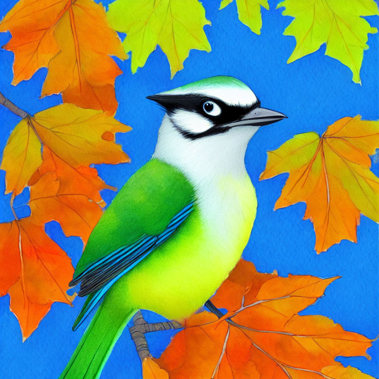 Colorful Bird Illustration Perched on Branch Among Maple Leaves