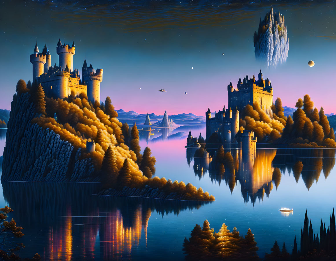 Fantasy landscape featuring twin castles, golden forests, floating island, and starry sky.