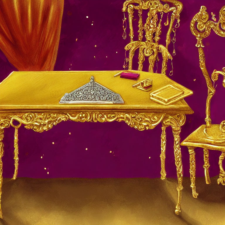 Golden Writing Desk with Quill, Inkwell, Book on Royal Purple Background