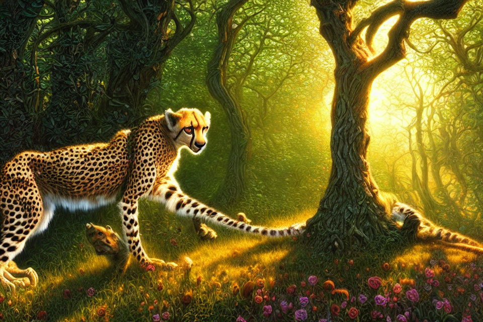 Cheetah in Enchanted Forest with Sunlight and Flowers