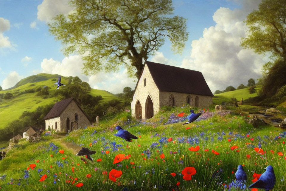 Tranquil countryside scene with stone church, bluebirds, poppies, sunny sky
