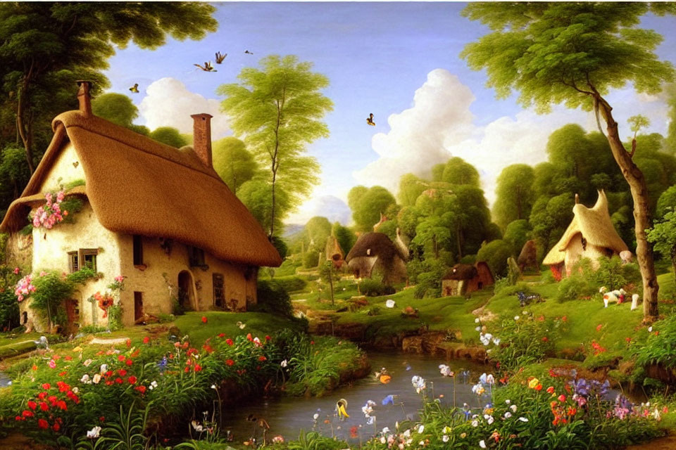 Tranquil countryside scene with thatched cottages, pond, swans, and flowers