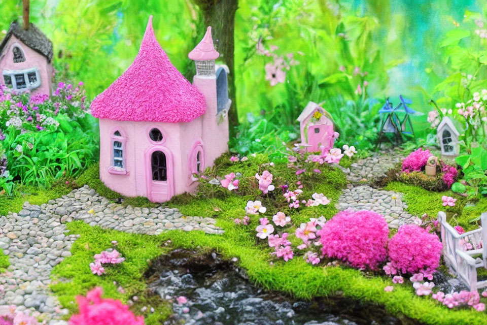Colorful Fairy Garden with Pink-Roofed House and Pebble Path