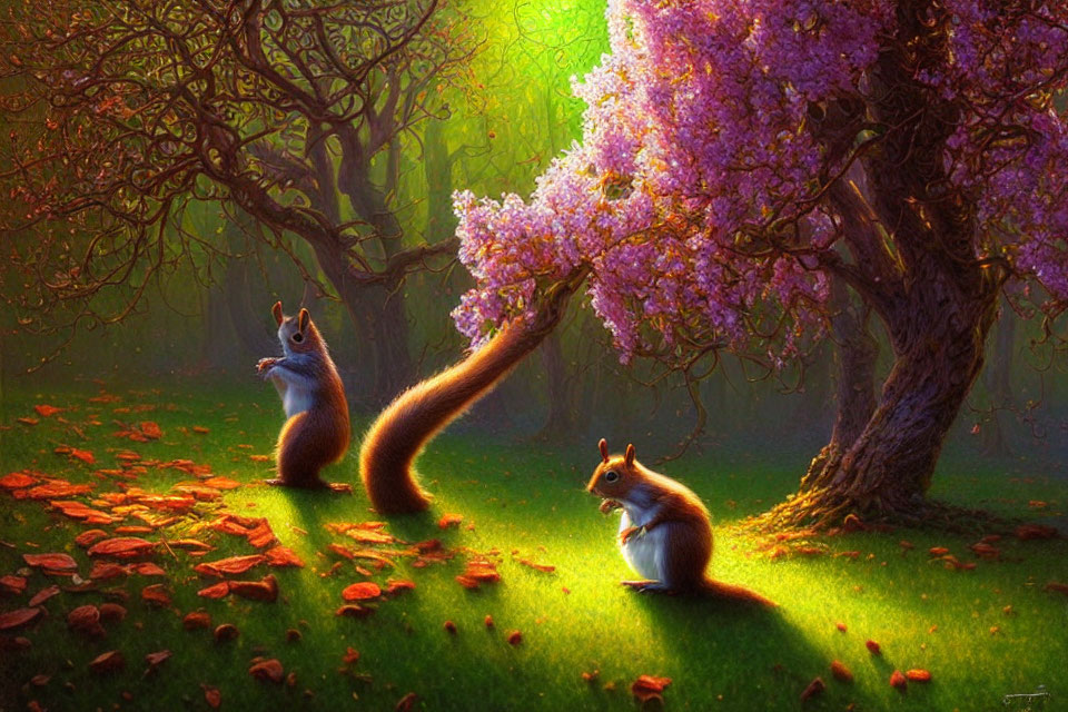 Squirrels under blossoming tree in magical forest with sunlight.