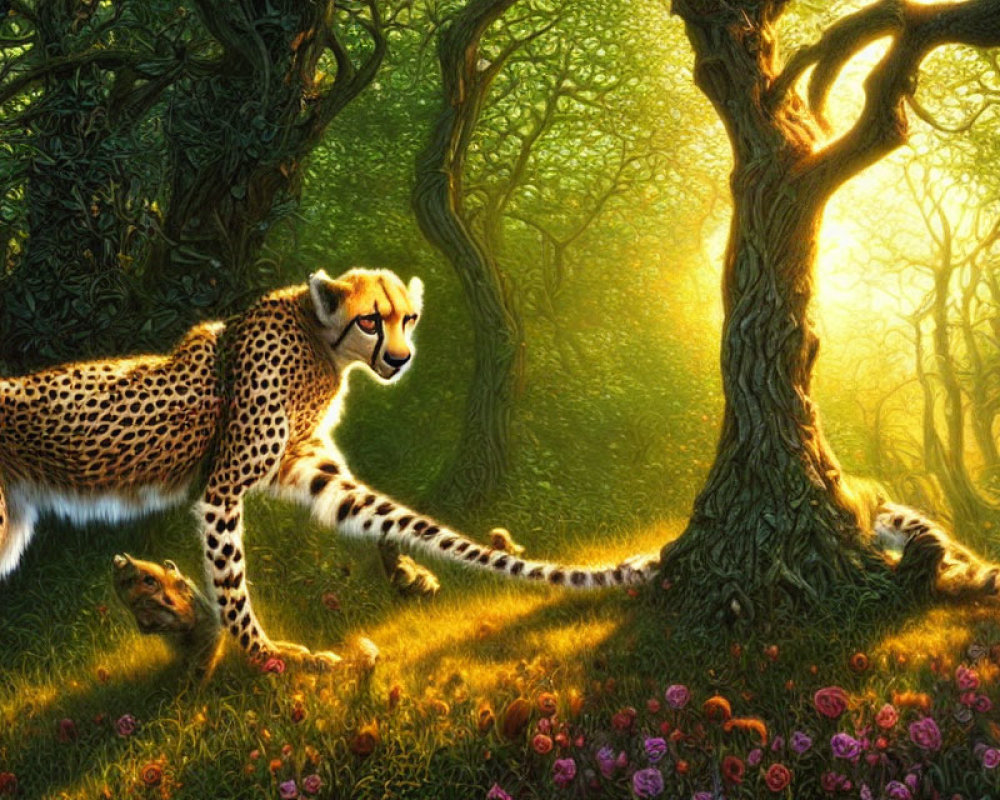 Cheetah in Enchanted Forest with Sunlight and Flowers