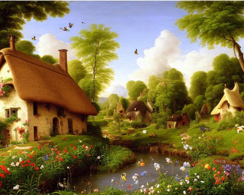 Tranquil countryside scene with thatched cottages, pond, swans, and flowers