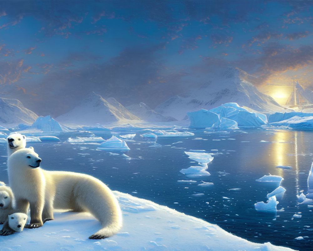 Polar bears on icy landscape with mountains and ship.