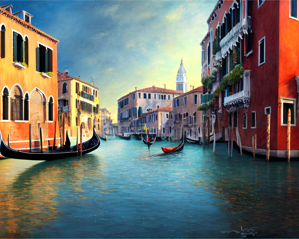 Historic buildings and gondolas on Venice canal