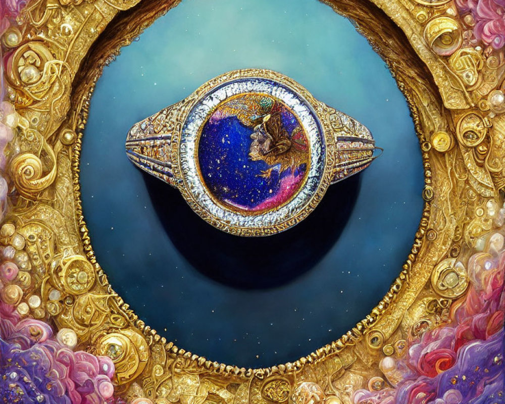 Cosmic Eye Brooch with Diamond Encrustments on Pink and Gold Cloud Background