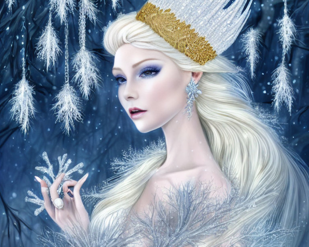 Regal woman with blonde hair in crystal attire against frost-covered trees