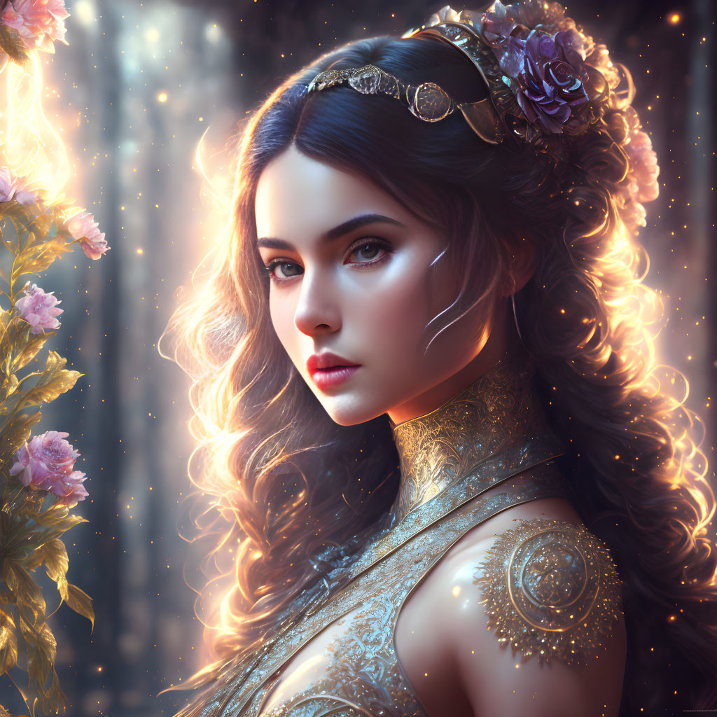 Fantasy digital portrait with ornate gold attire and mystical background