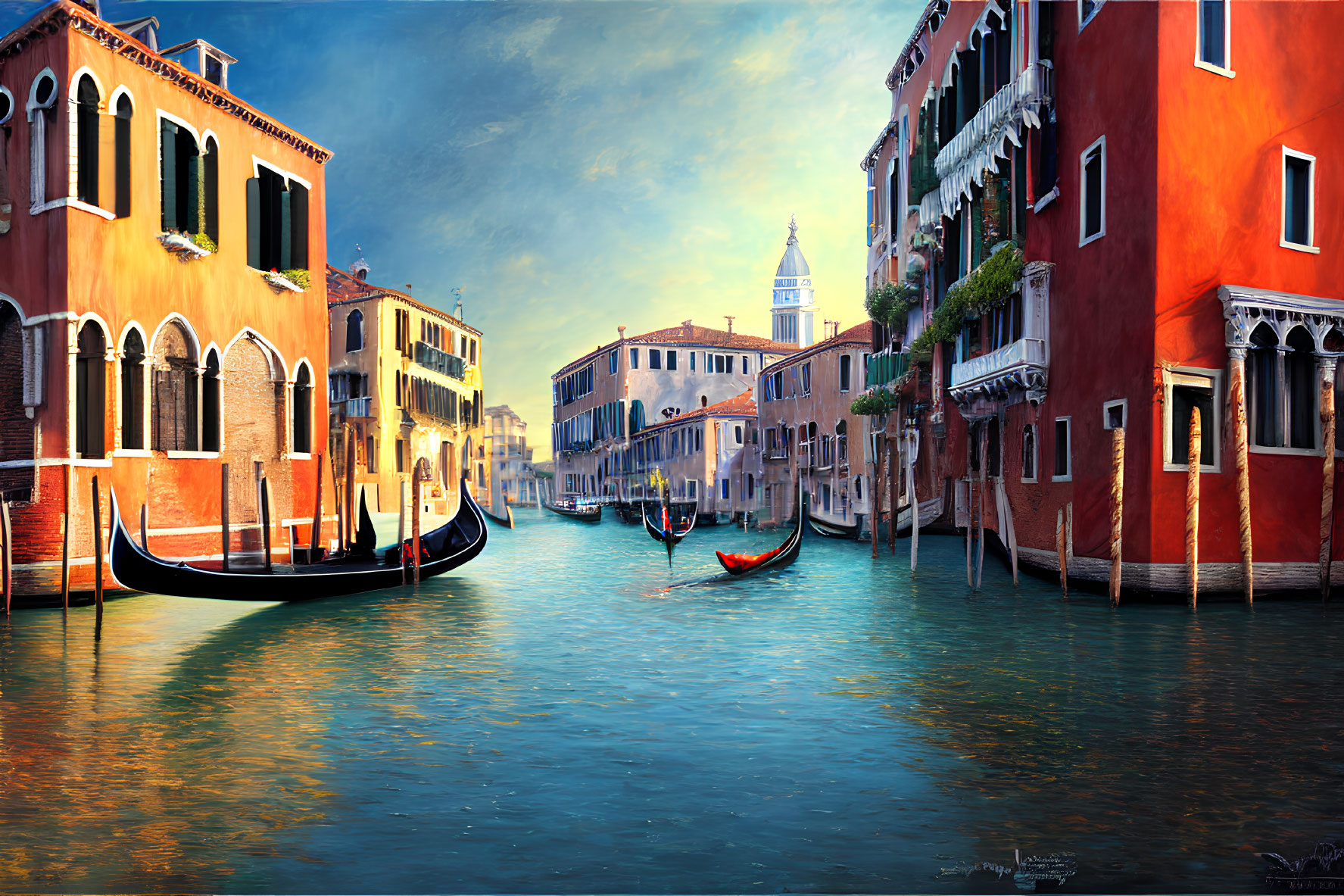 Historic buildings and gondolas on Venice canal