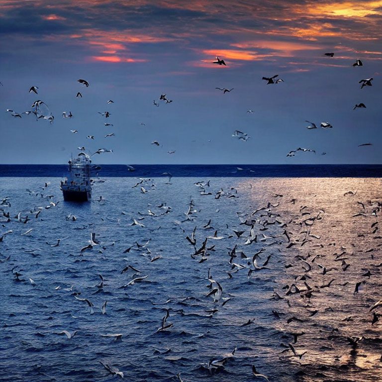 Fishing boat on ocean at dusk with seagulls in orange and blue sunset sky