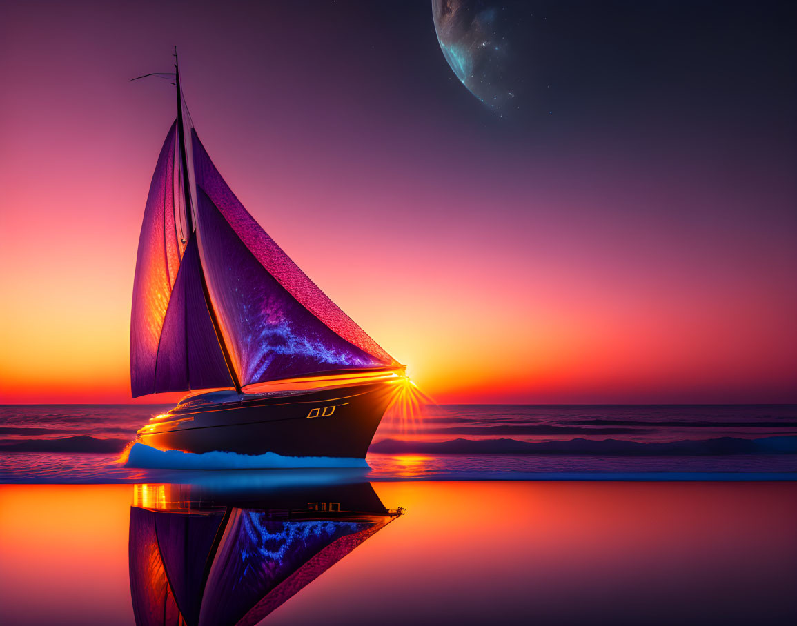 Sailing boat with illuminated sails on serene waters at sunset