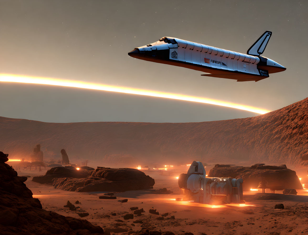Federation space shuttle lands on alien planet at dusk