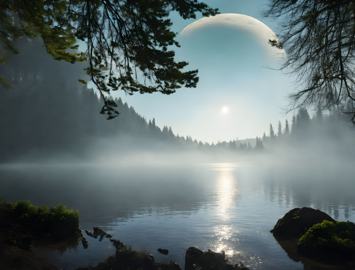 Misty lake scene with surreal moon and forest silhouettes