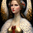Digital Artwork: Woman with Angel Wings in Golden Armor