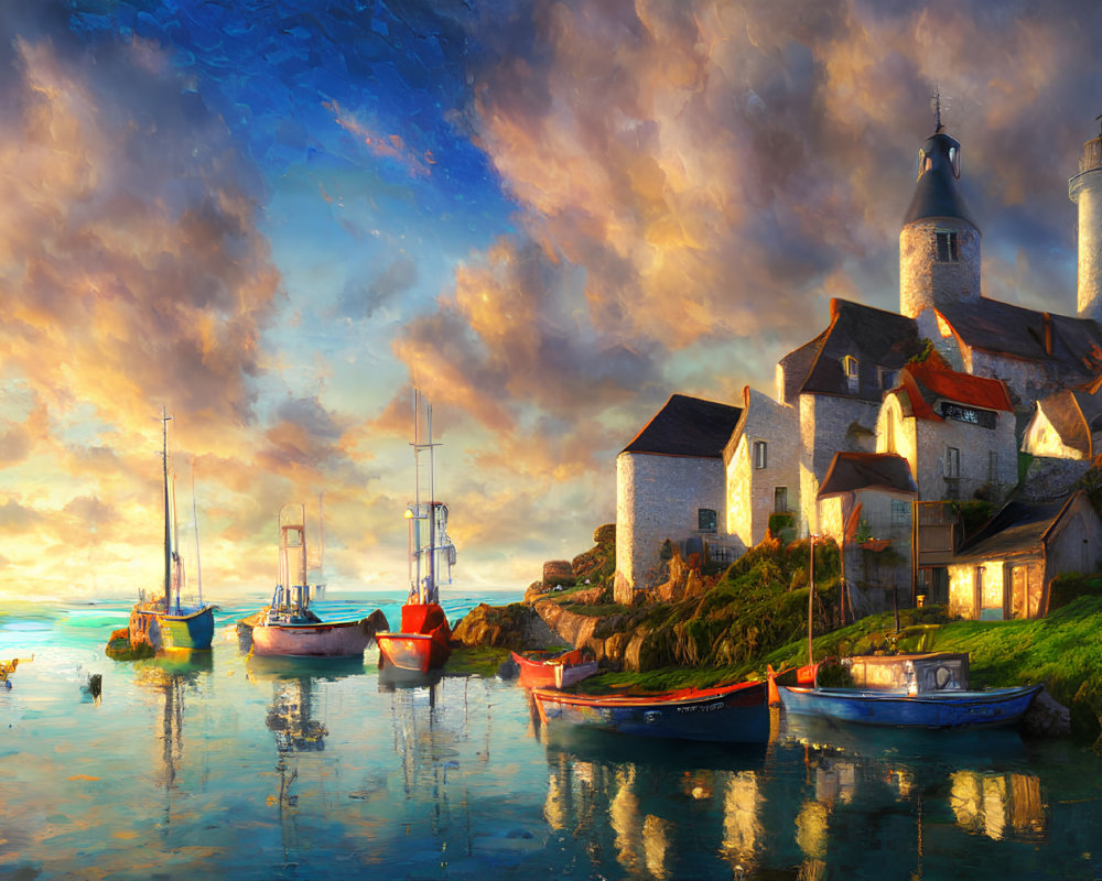 Scenic coastal village with boats, historic buildings, and lighthouse at sunset
