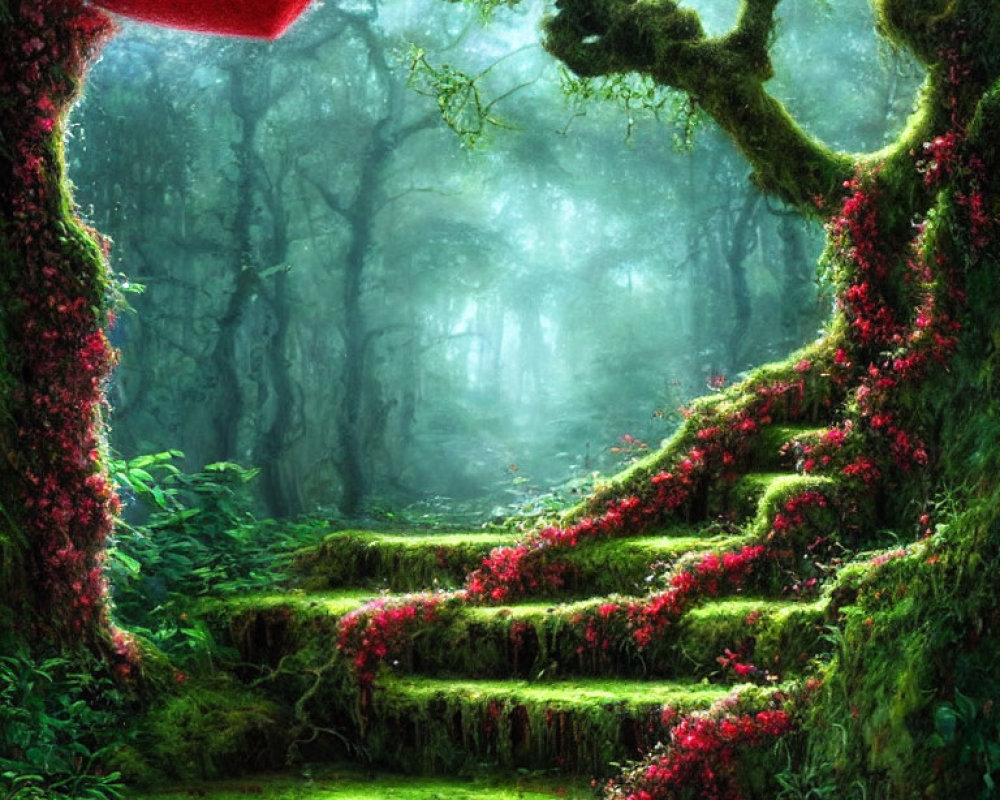 Mystical forest with lush greenery, overgrown stairs, red flowers, and glowing red orb