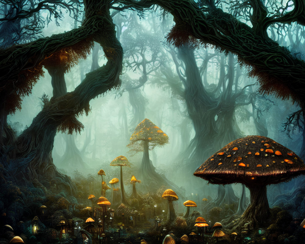 Majestic forest with towering trees and glowing mushrooms in a misty, blue-toned setting