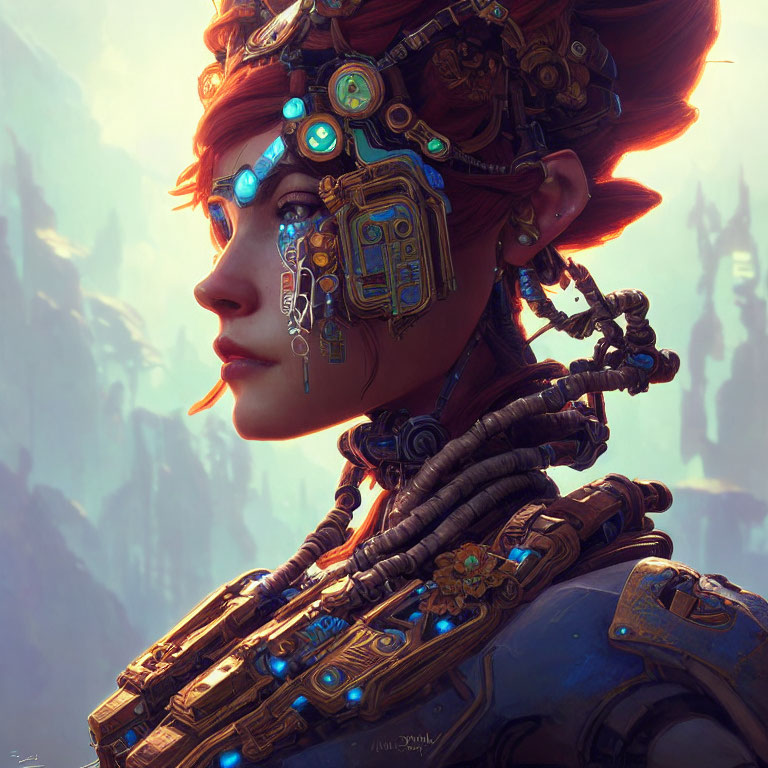 Digital portrait of woman with cybernetic enhancements and tribal attire on soft-focus landscape