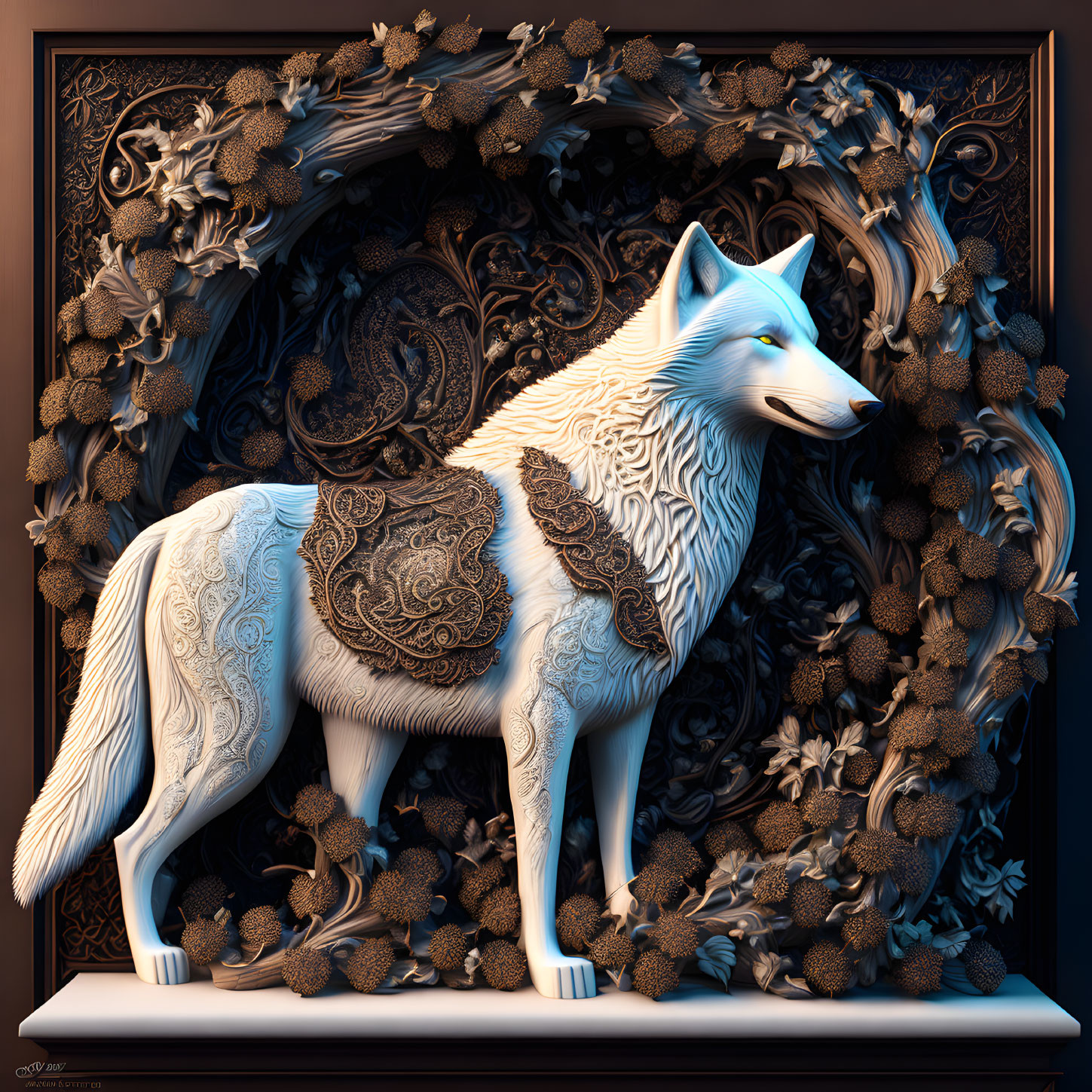 Detailed White Wolf with Floral and Acorn Frame in Majestic Wilderness Scene