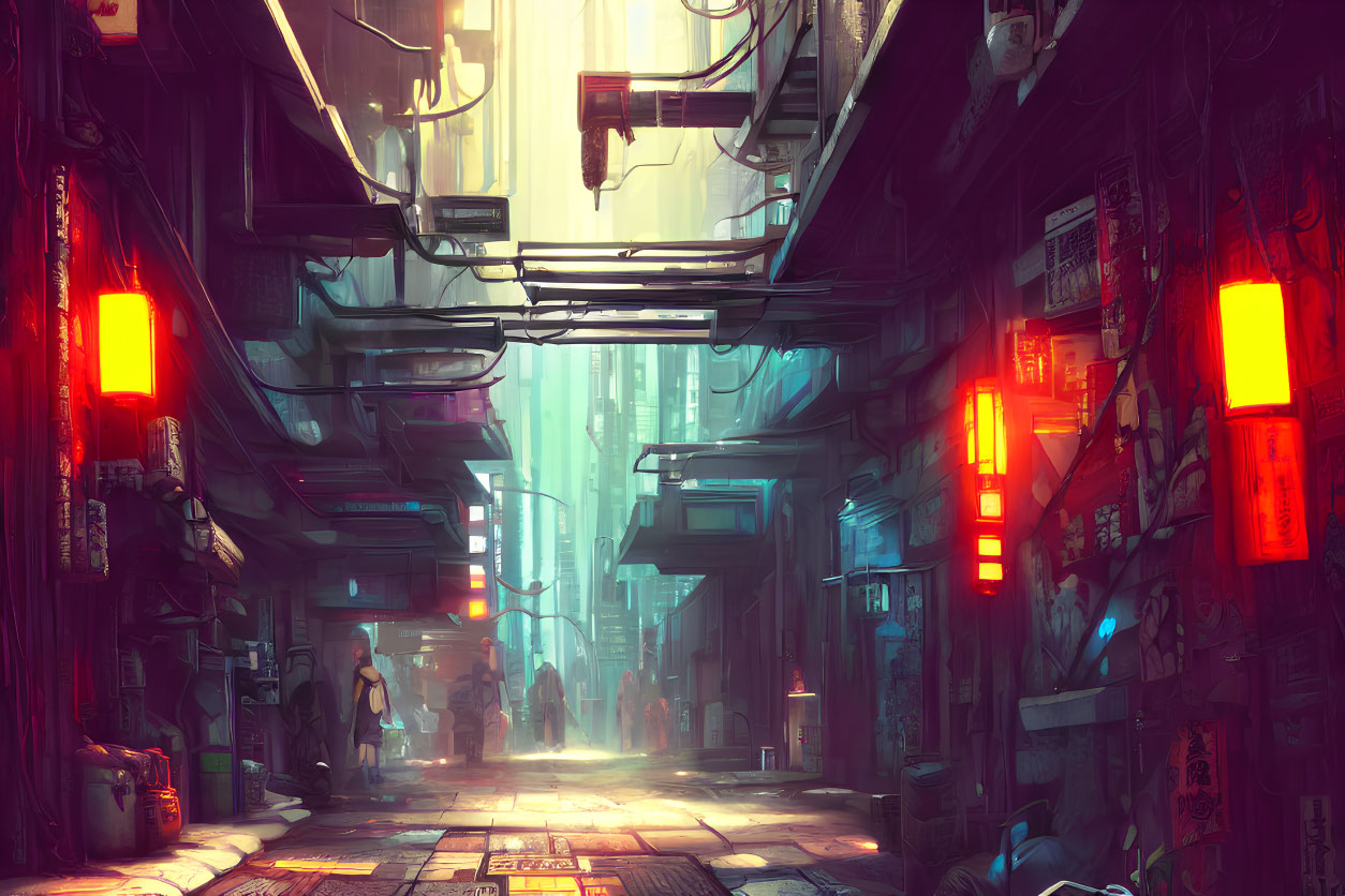 Futuristic cyberpunk alley with neon signs and people under artificial light
