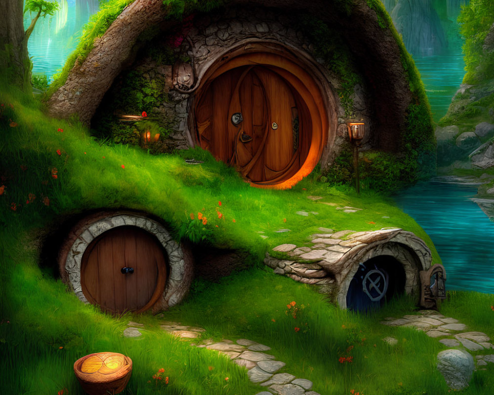 Illustration of Cozy Hobbit-Style House in Green Landscape