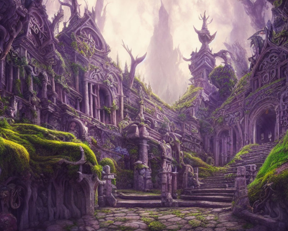 Ethereal fantasy landscape with moss-covered ruins and stone carvings