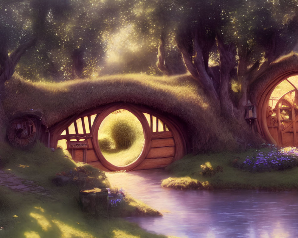 Cozy hobbit house nestled in lush greenery by sparkling stream