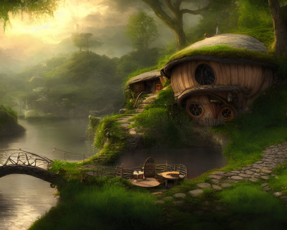 Fantasy landscape with hobbit-like houses, river, bridge, greenery, sunrise