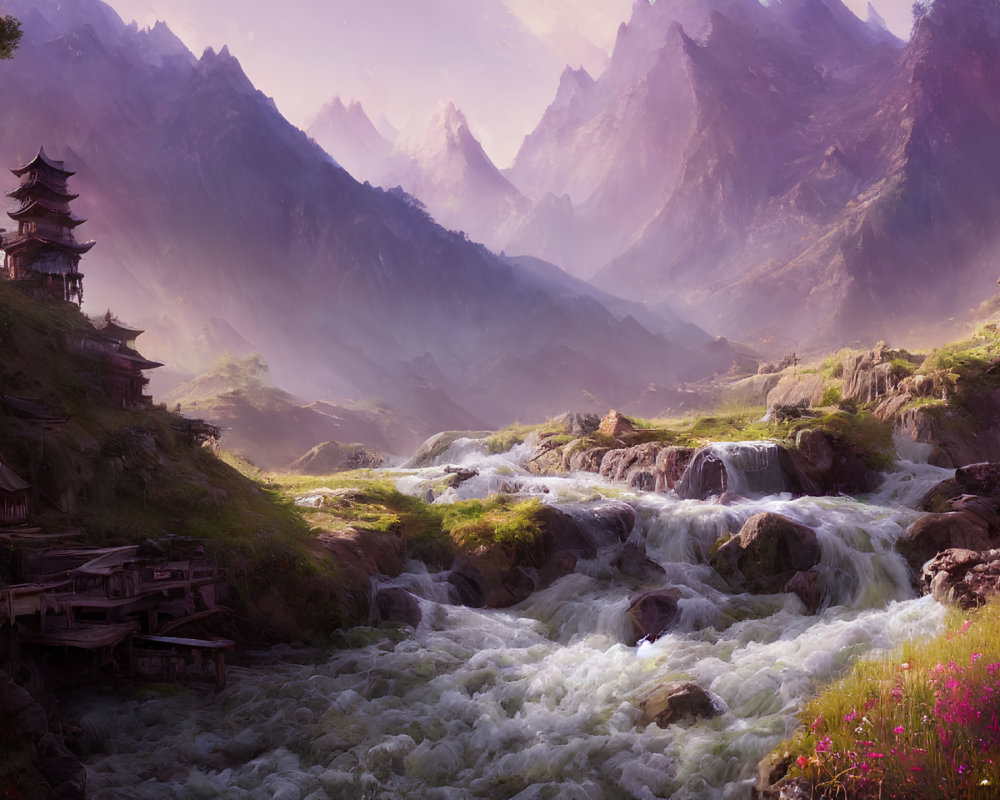 Tranquil landscape with river, wooden structures, misty mountains, and pink sky
