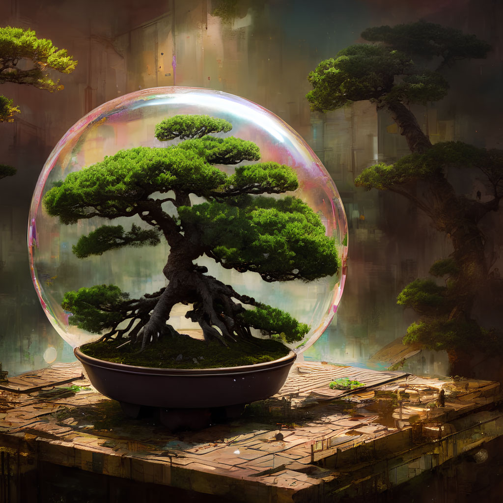 Bonsai tree in transparent bubble in mystical forest setting