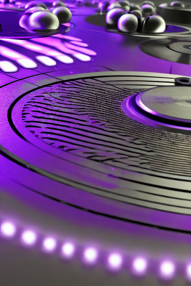 Purple abstract surface with circular patterns resembling DJ turntables