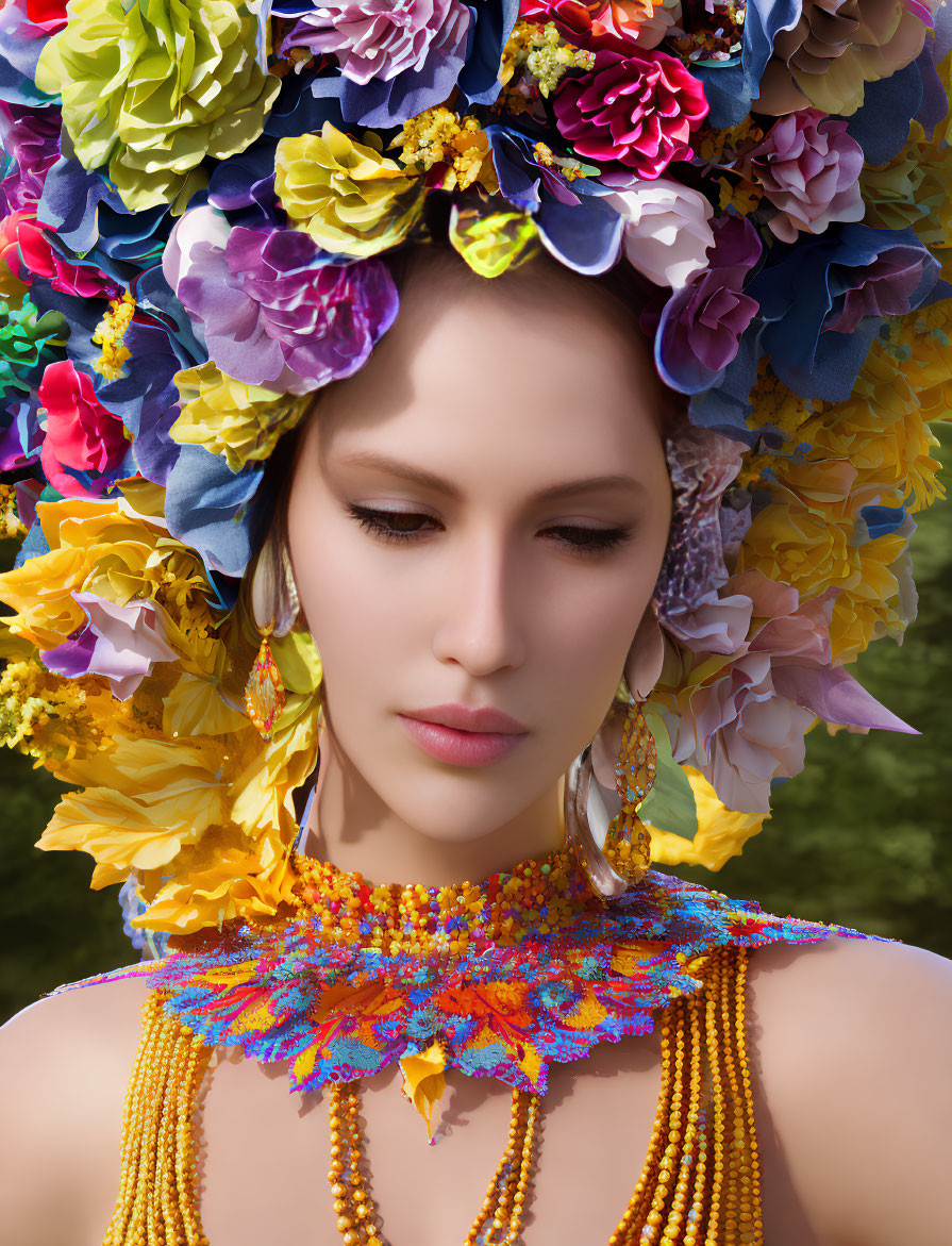 Colorful Floral Headdress and Matching Jewelry on Woman with Closed Eyes