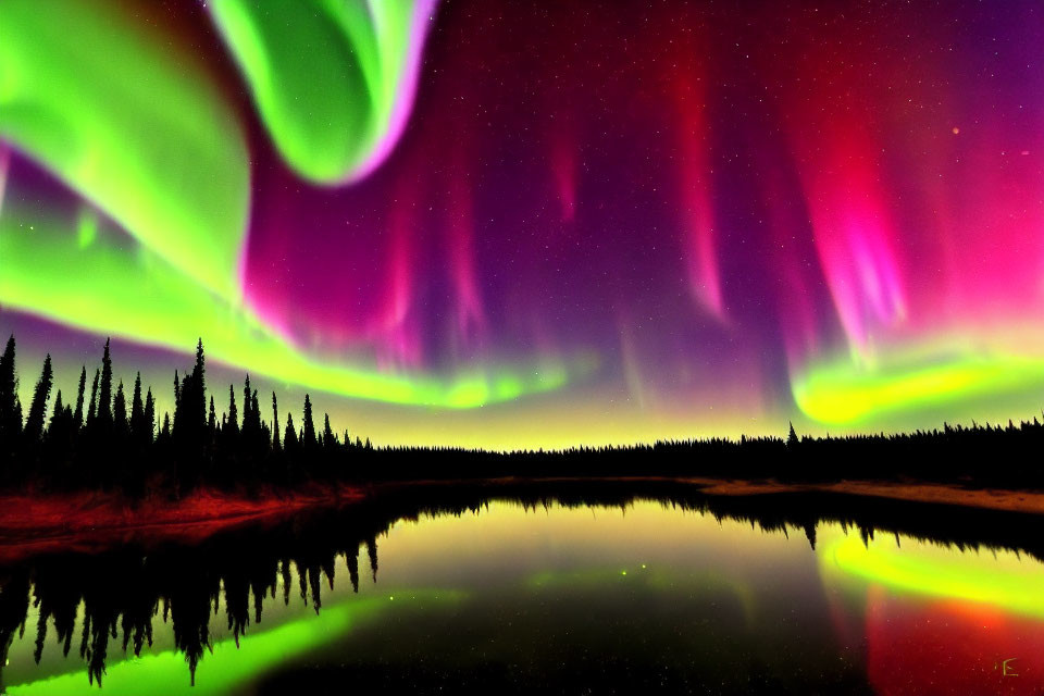 Colorful Aurora Borealis Reflecting on Forest Lake at Night