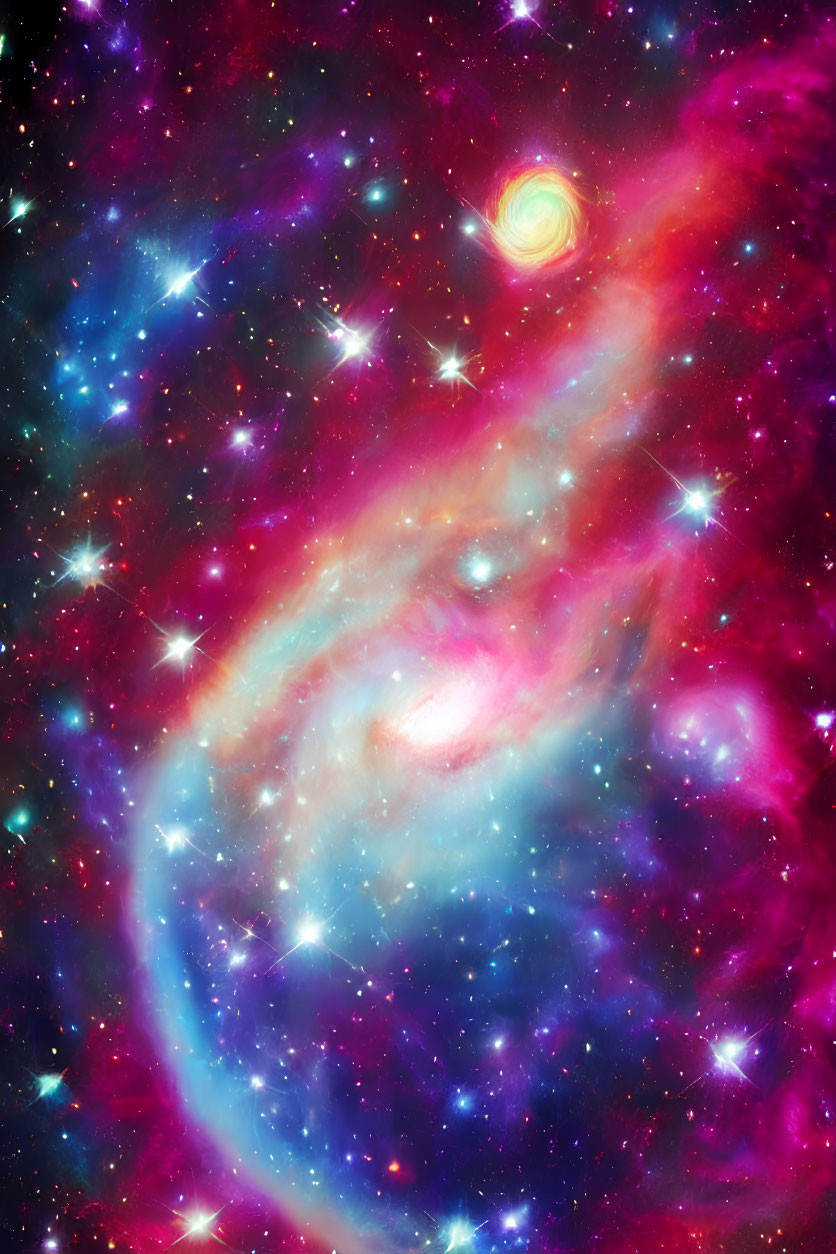 Colorful cosmic scene with swirling pink and blue galaxy and bright stars