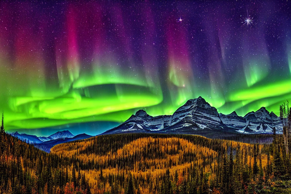 Colorful aurora borealis over autumn forest and mountains