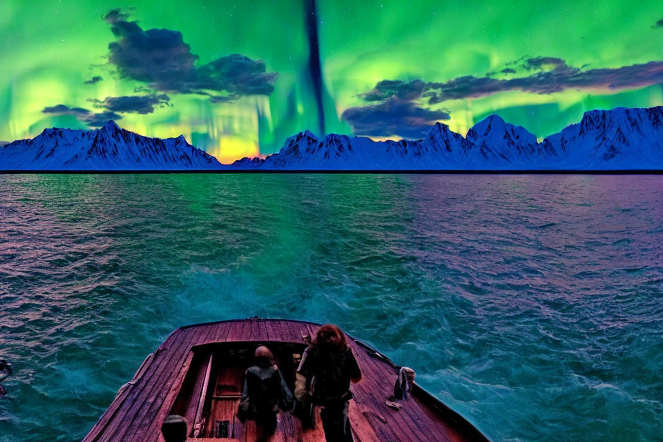 Passengers on boat admire aurora borealis over snow-capped mountains