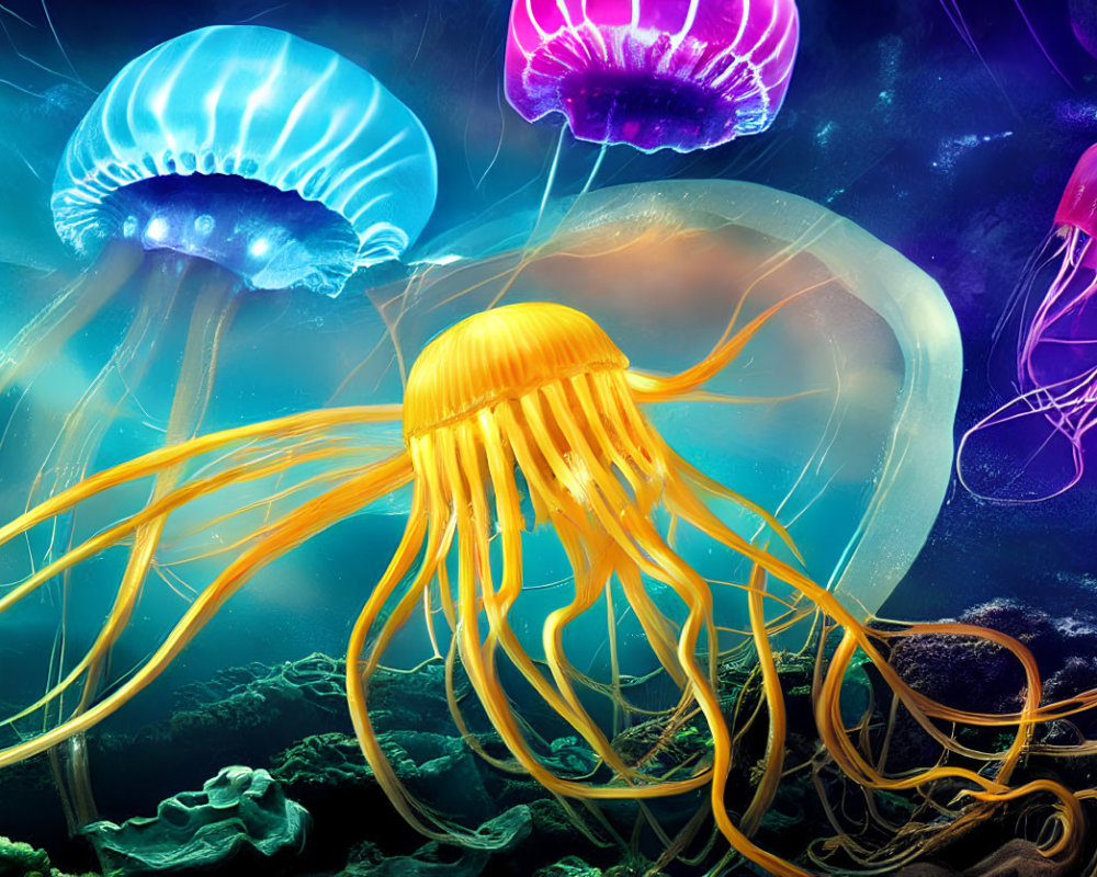 Colorful Jellyfish Illustration in Blue, Purple, and Yellow Underwater Environment