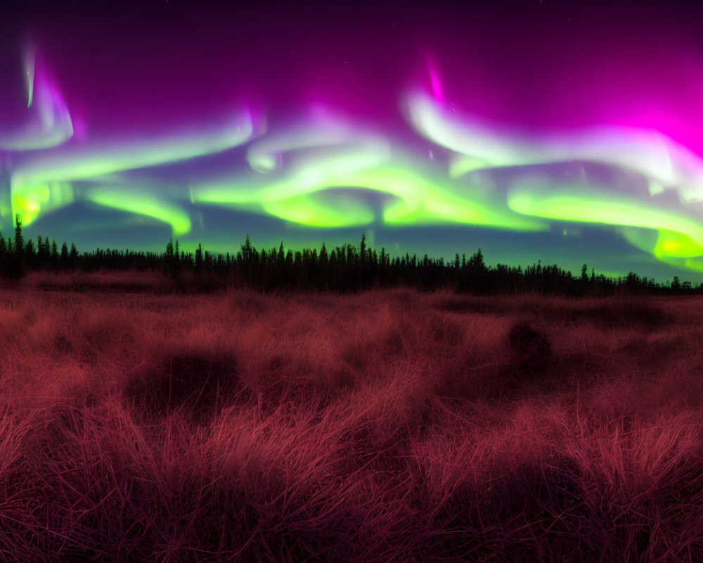 Colorful aurora borealis lights above dark forest and dry grass