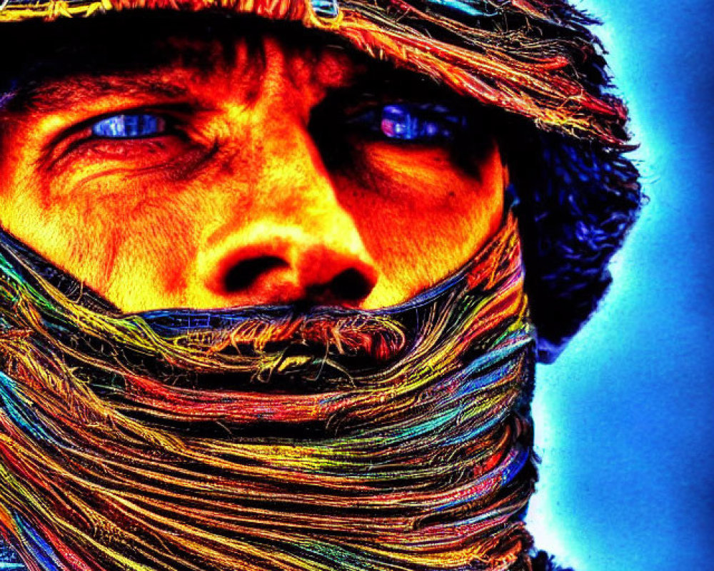 Colorful Face Wrapped in Scarf with Intense Blue Eyes on Blue Background