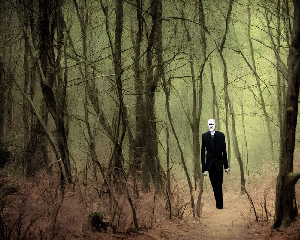 Person in Suit with Unsettling Mask in Forest Setting