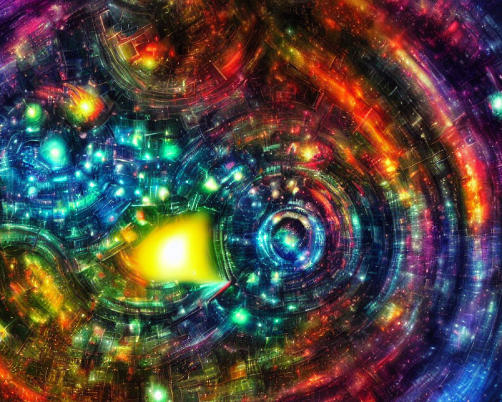 Colorful digital artwork of cosmic scene with swirling patterns and glowing spaceship.