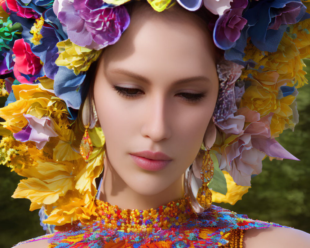 Colorful Floral Headdress and Matching Jewelry on Woman with Closed Eyes