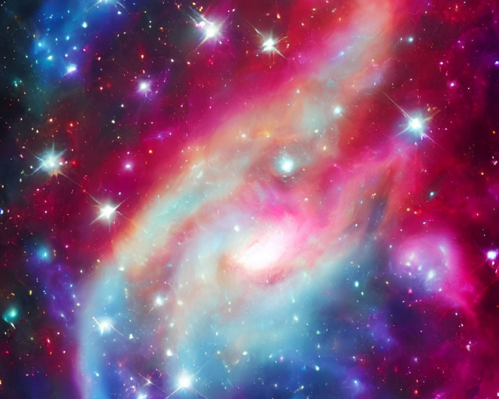 Colorful cosmic scene with swirling pink and blue galaxy and bright stars