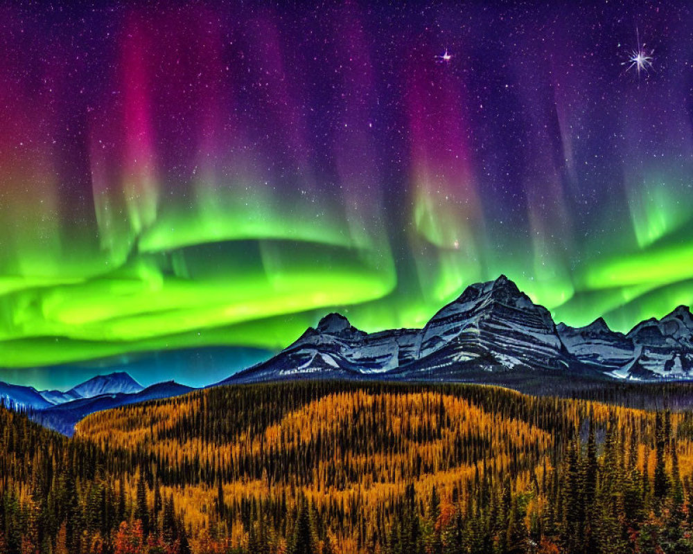 Colorful aurora borealis over autumn forest and mountains