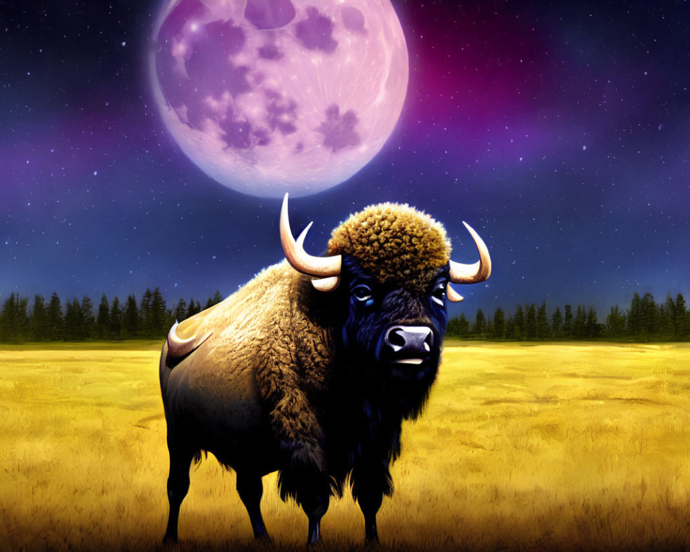 Majestic bison in golden field under purple moon